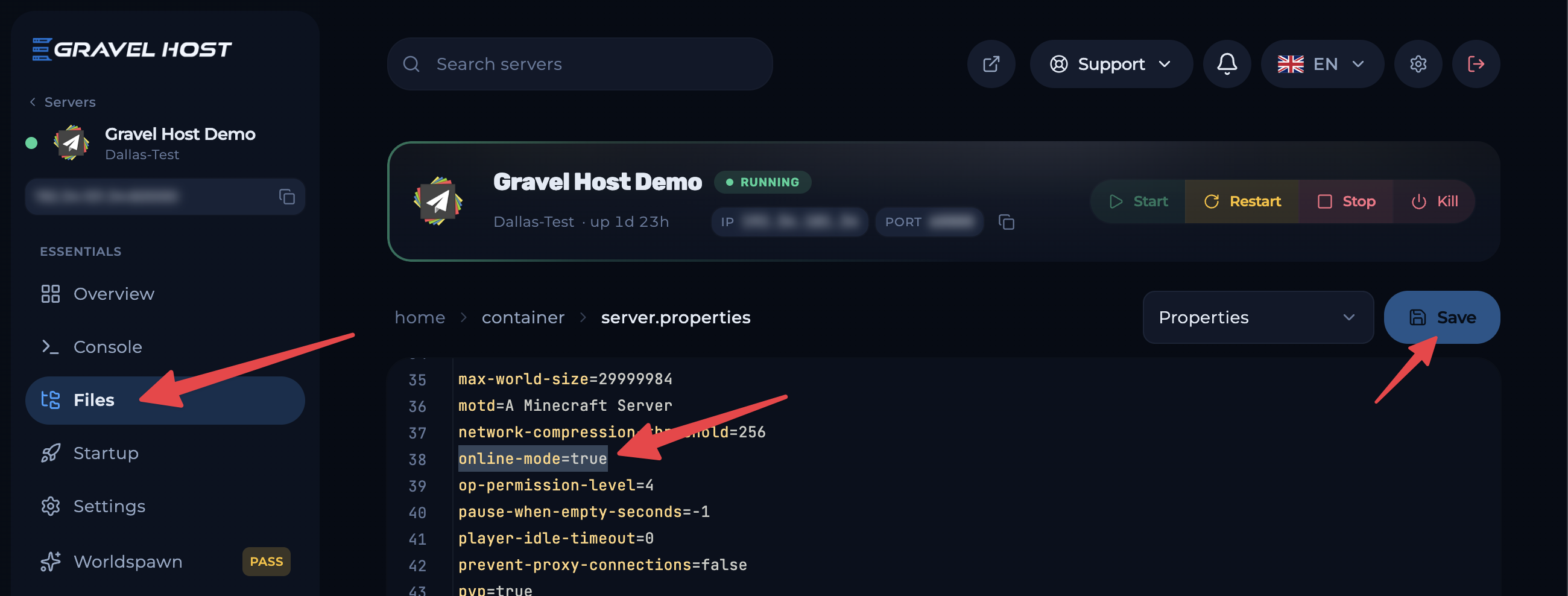 Editing server.properties in the file manager
