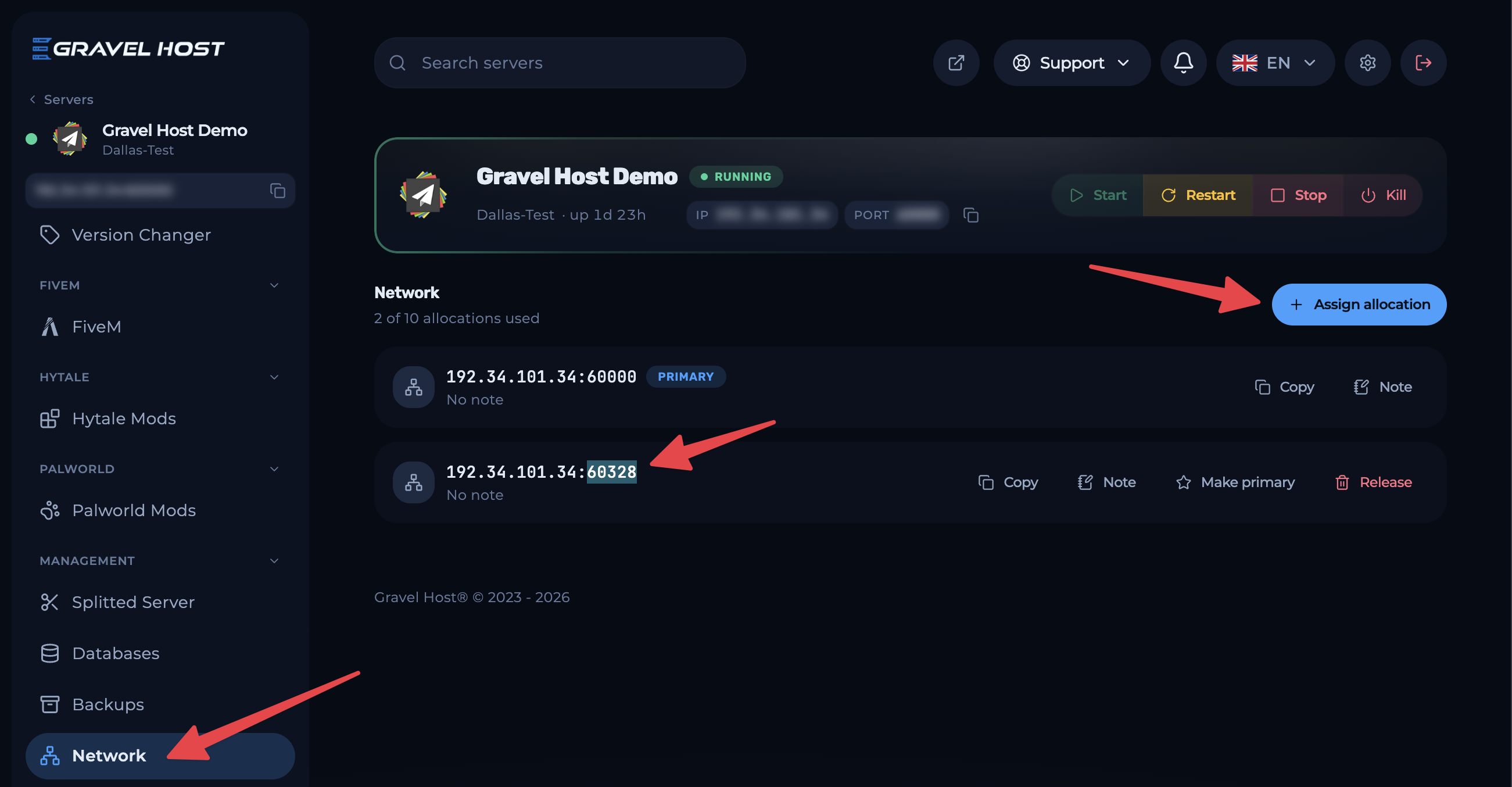 The Network page with the Assign allocation button and the new port highlighted
