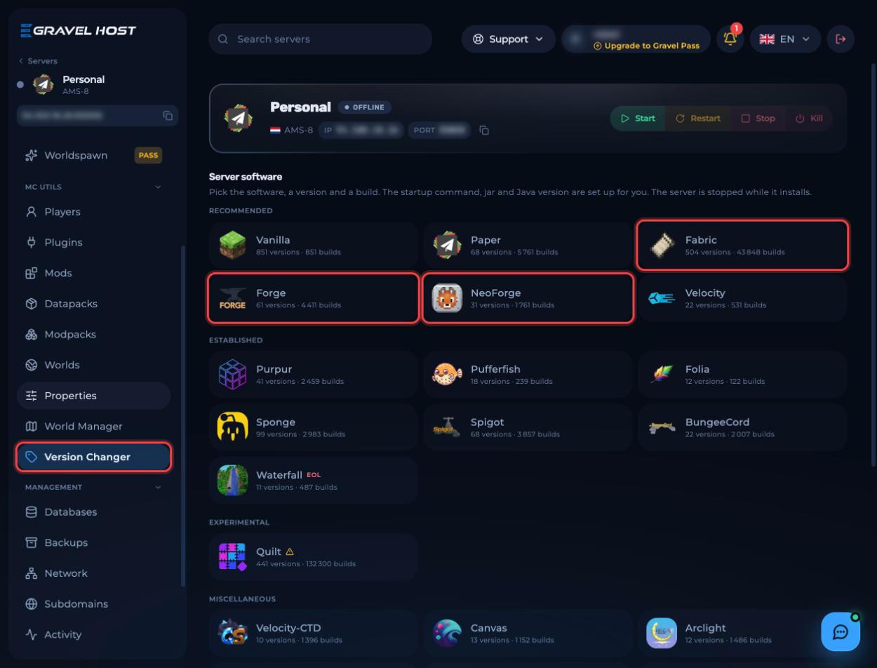 Version Changer with Fabric, Forge and NeoForge highlighted