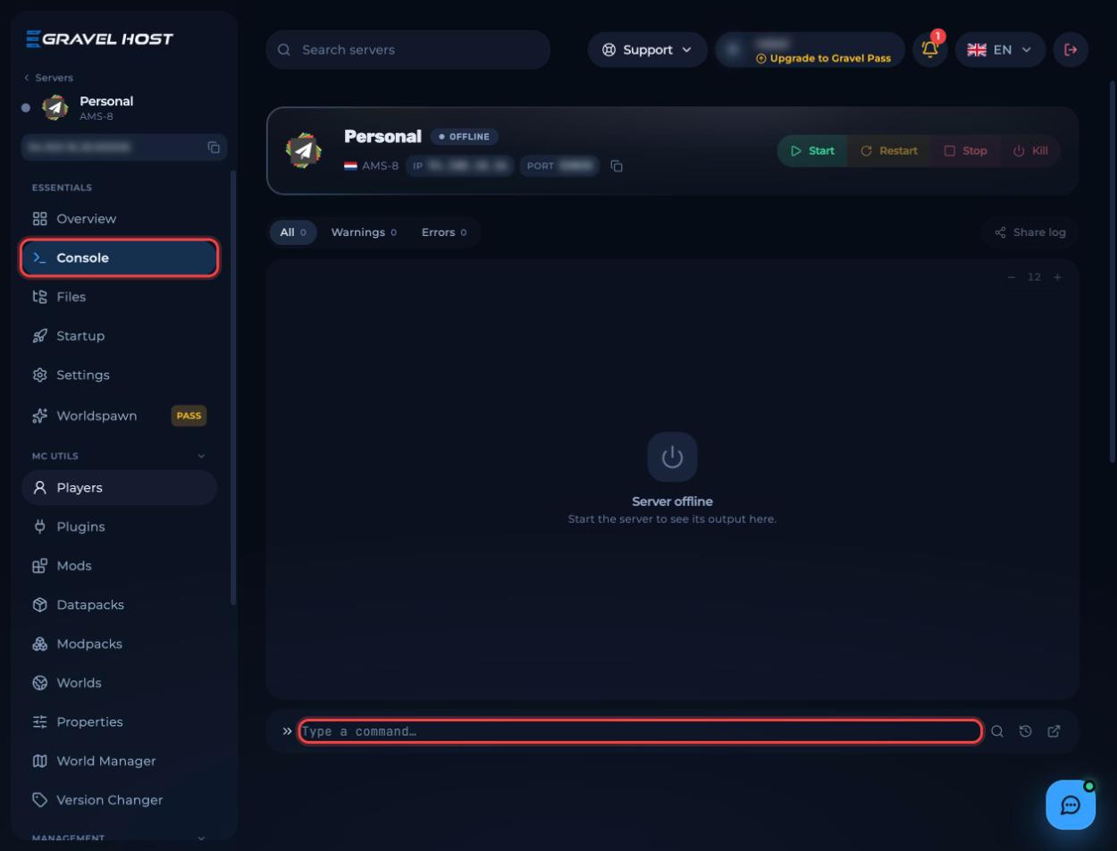 The command box at the bottom of the Console page