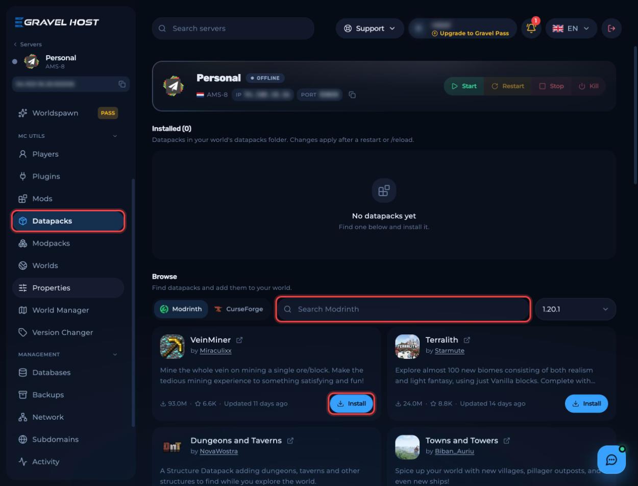 The Datapacks page with the search box and an Install button highlighted