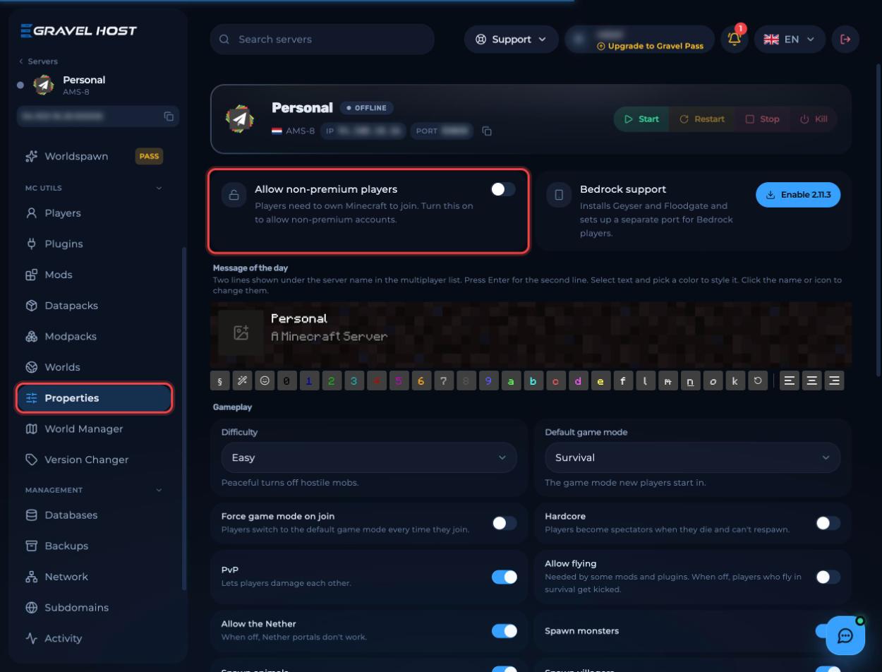 The Allow non-premium players toggle on the Properties page