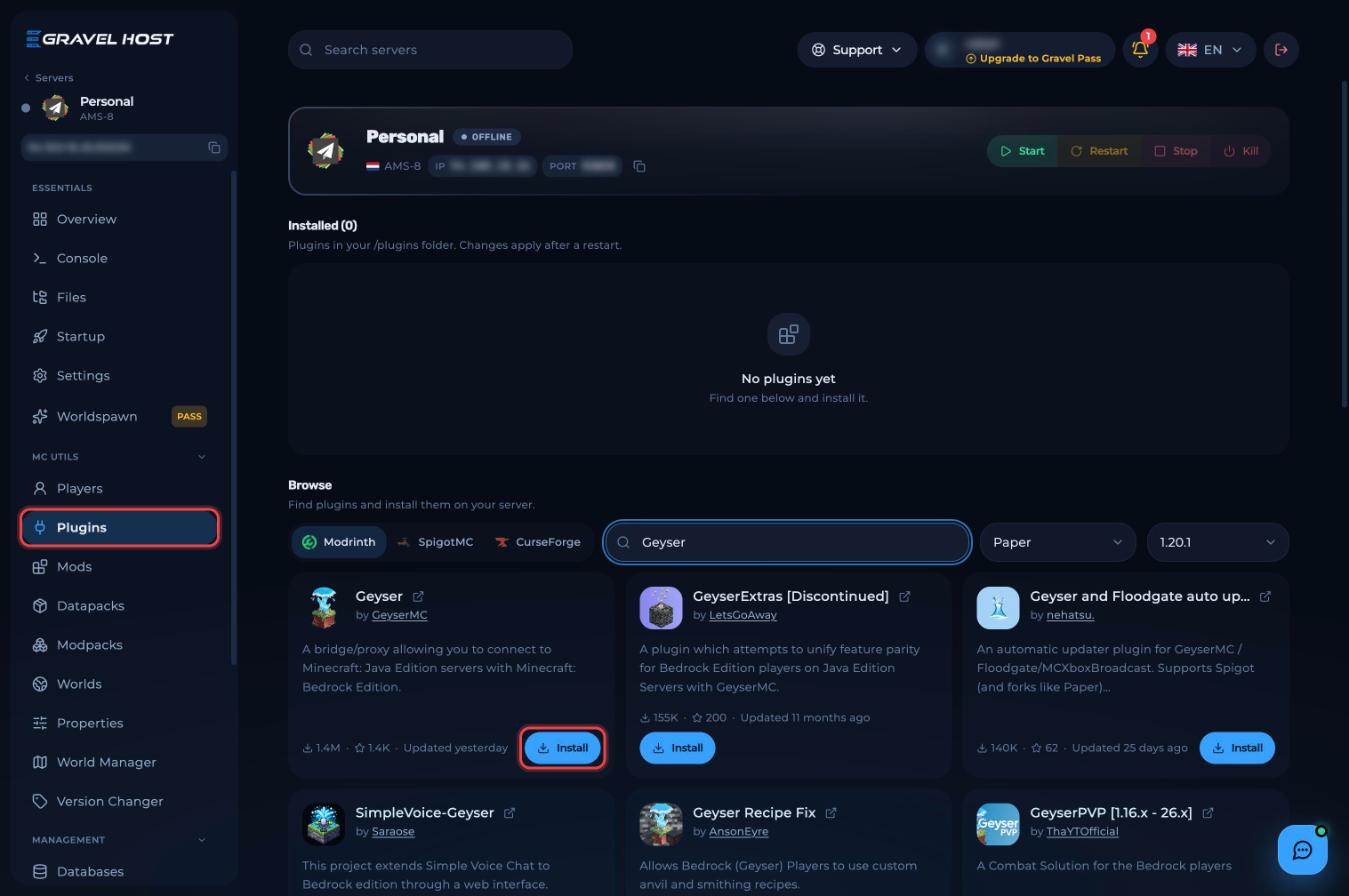 Geyser search result on the Plugins page with the Install button highlighted