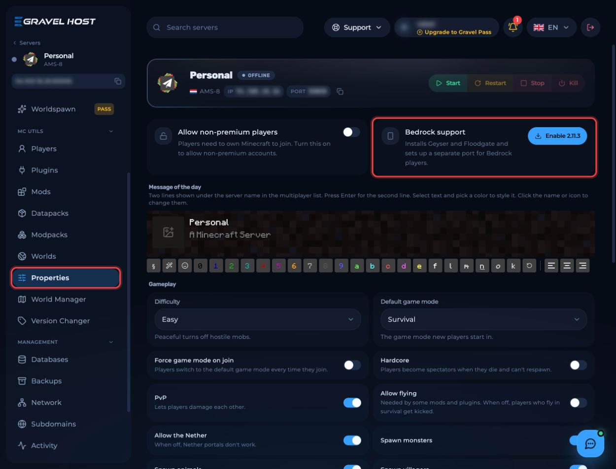 The Bedrock support card on the Properties page with the Enable button