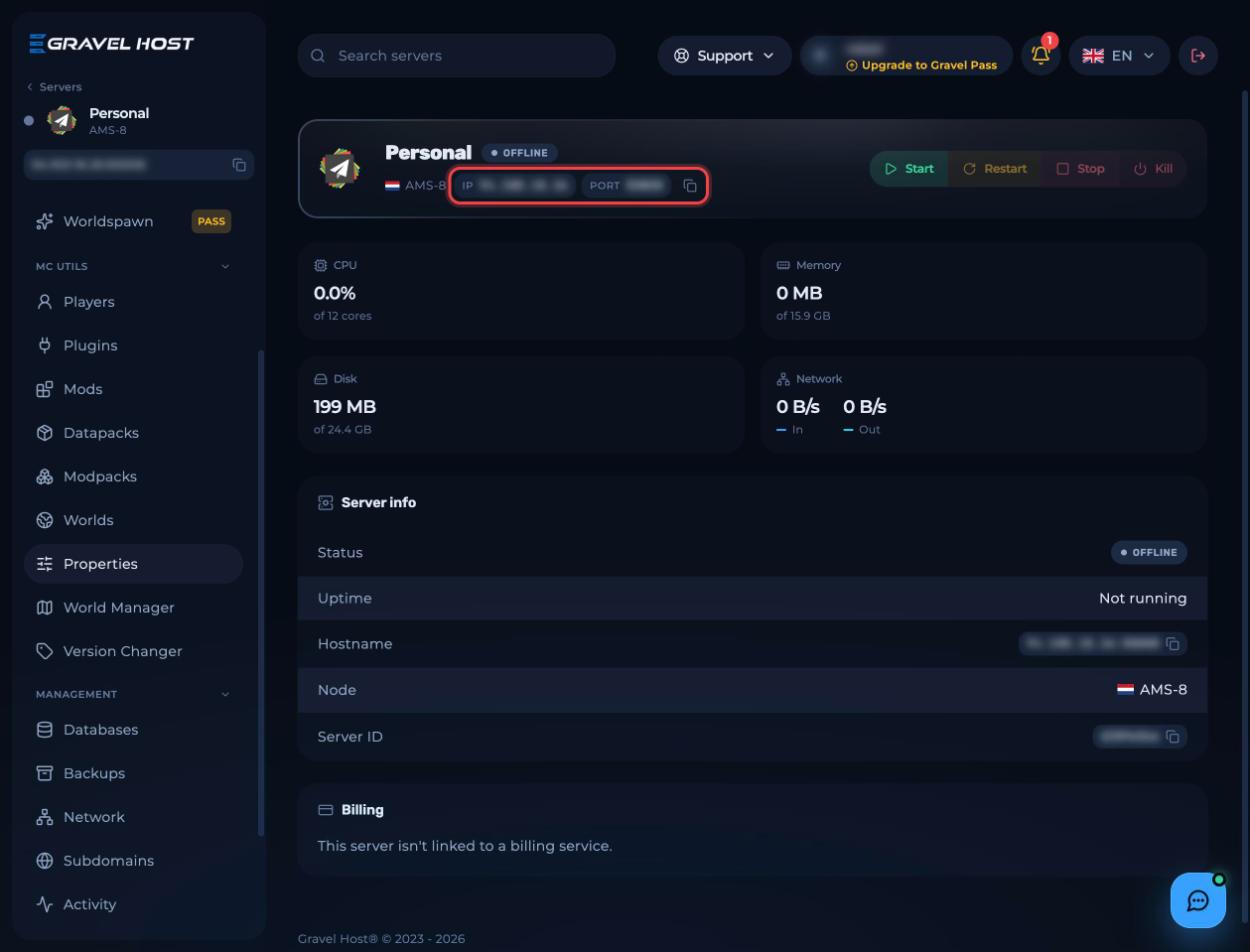 The IP and port at the top of the server page with the copy button