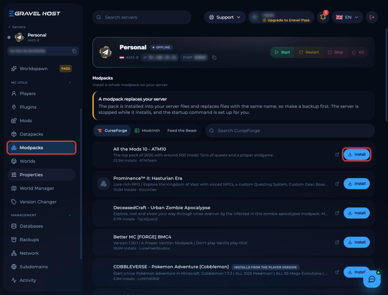 The Modpacks page with an Install button highlighted