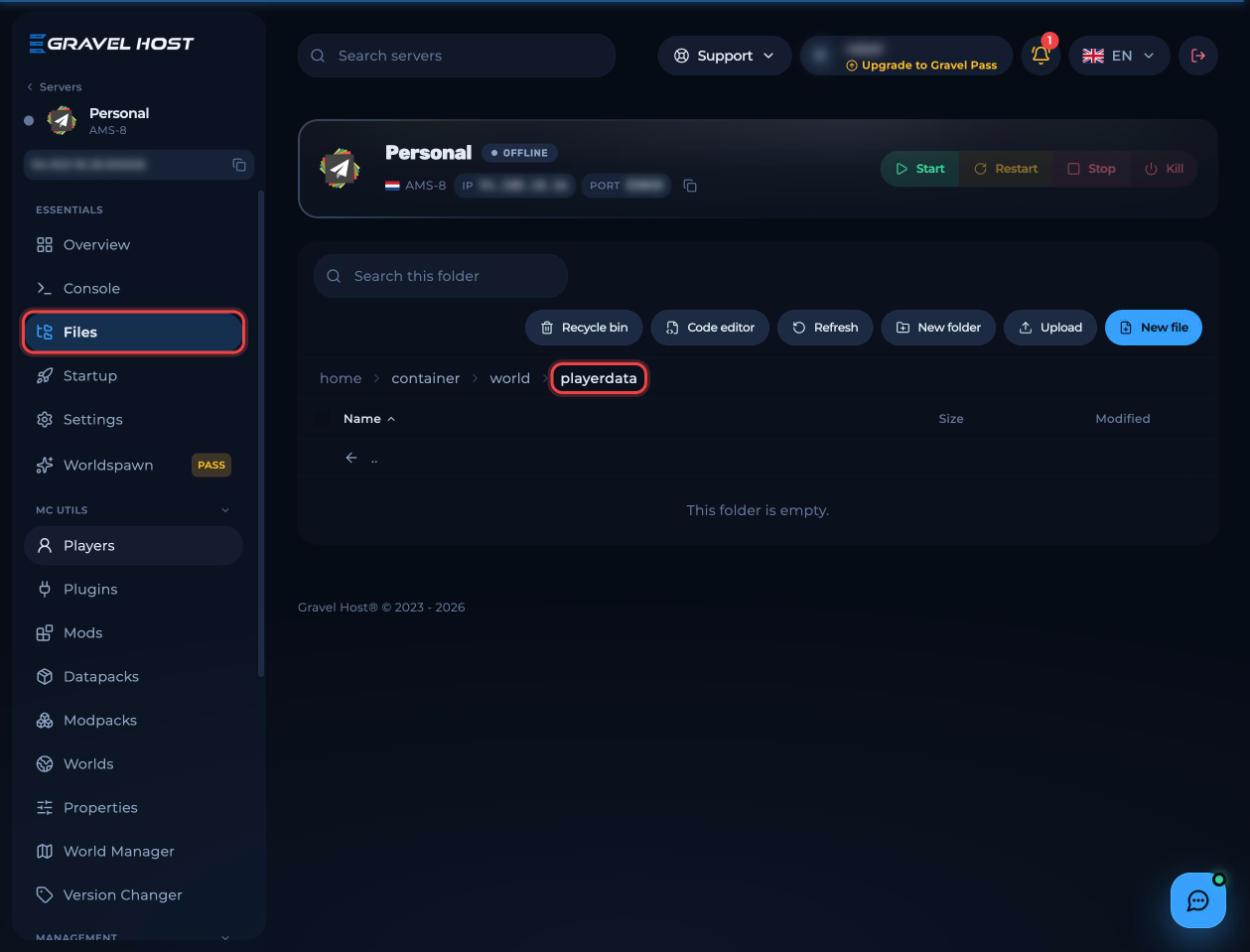 The world/playerdata folder in the file manager