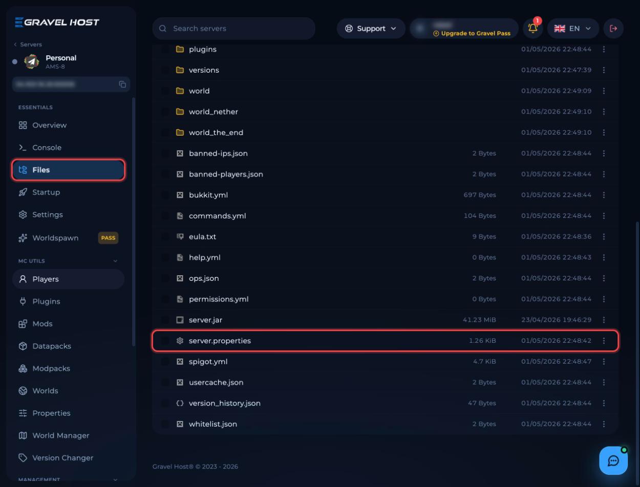 server.properties in the file manager