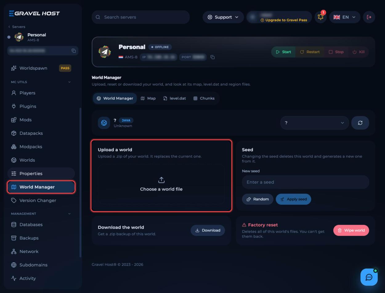The Upload a world box in World Manager