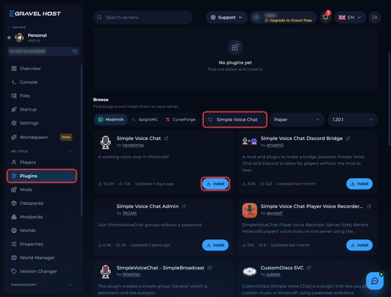 Simple Voice Chat in the plugin browser with the Install button