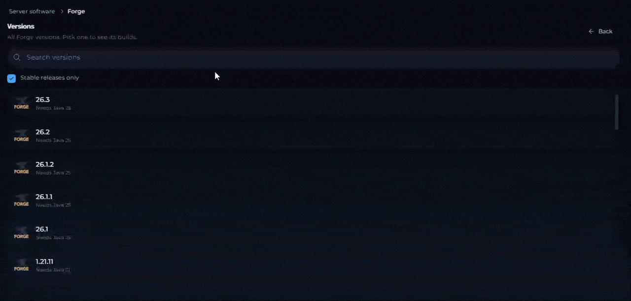 Selecting a build and clicking Install