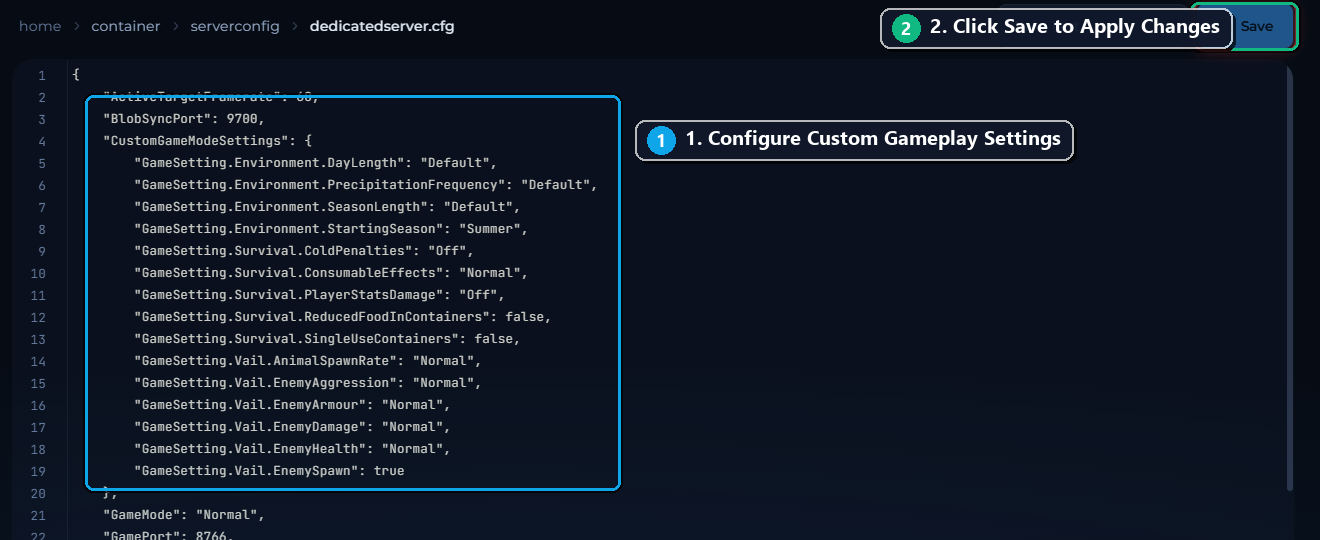 Sons of the Forest dedicatedserver.cfg editor with highlighted CustomGameModeSettings and save button