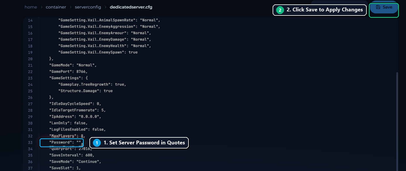Sons of the Forest dedicatedserver.cfg editor with highlighted password line and save button