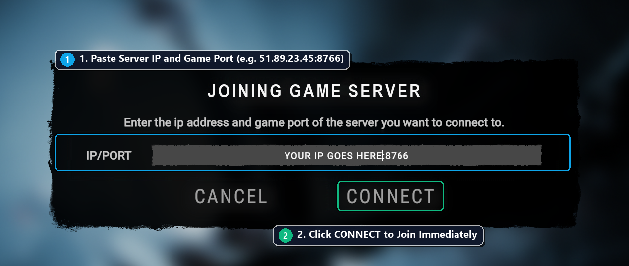Sons of the Forest direct connect dialog with annotated IP port entry and connect button