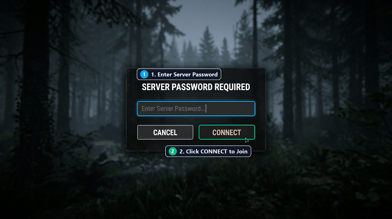 Sons of the Forest in-game server password prompt dialog with annotated input box and connect button