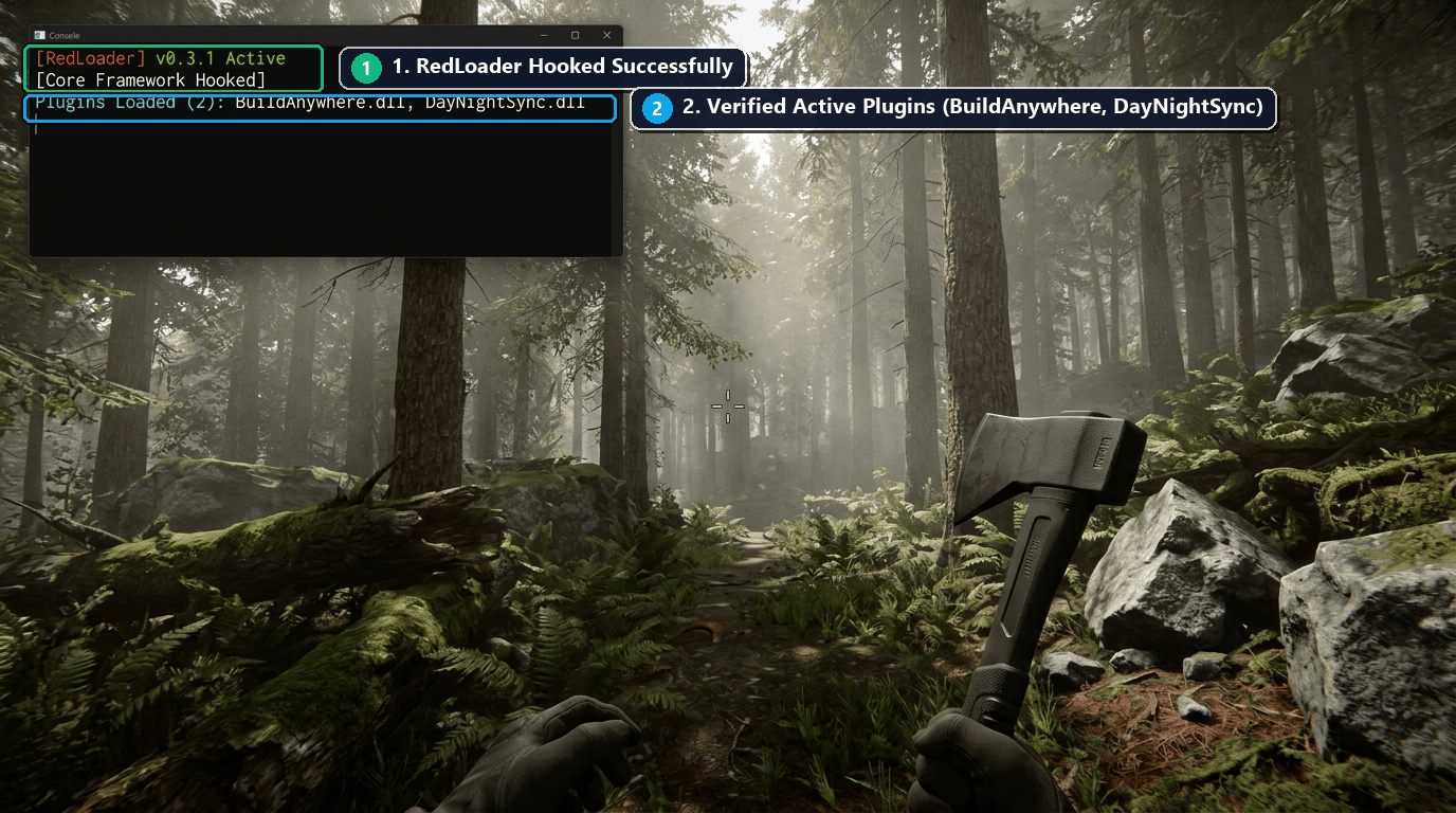 Sons of the Forest active RedLoader mod loader console overlay showing hooked framework and loaded plugins