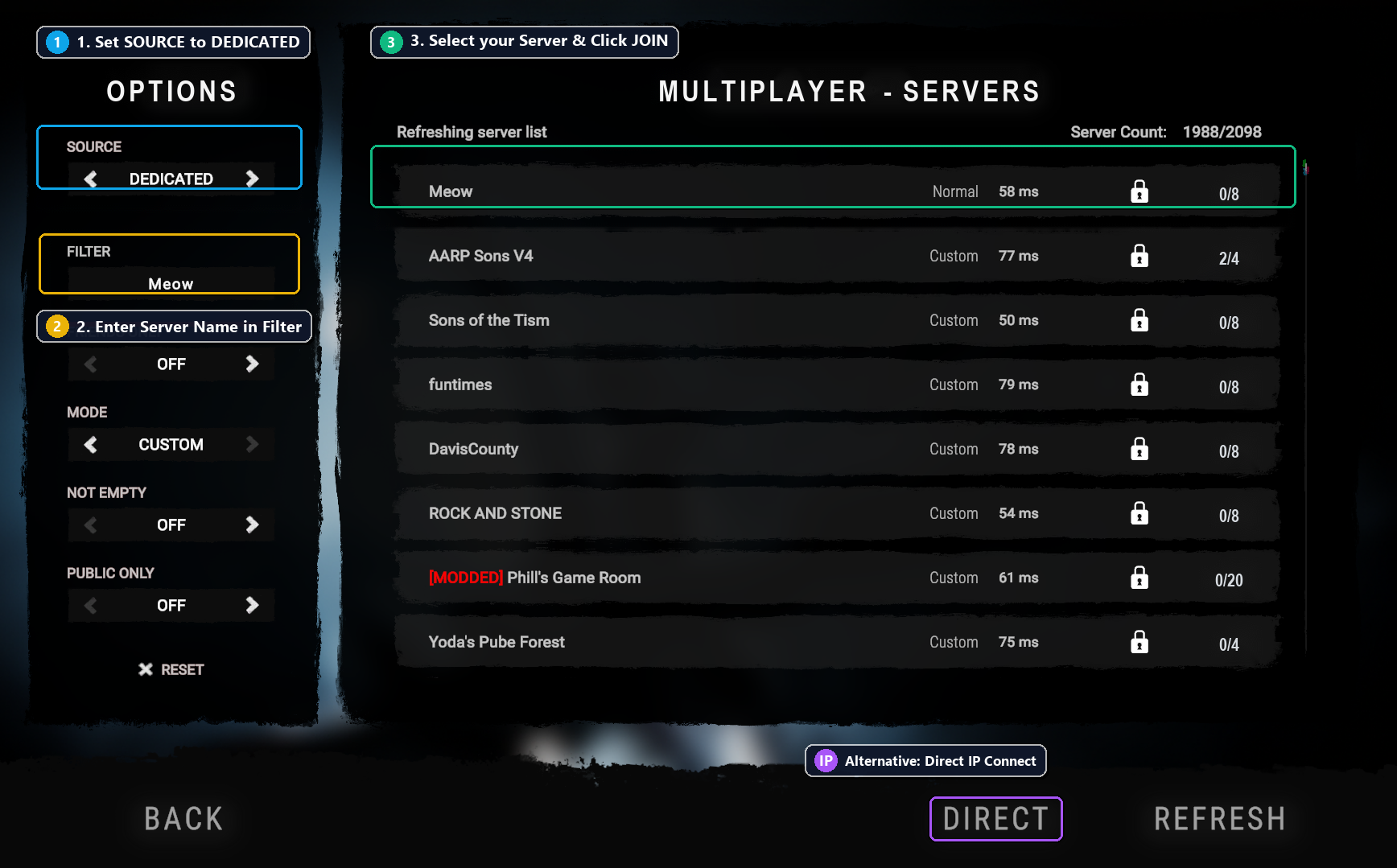 Sons of the Forest in-game dedicated server browser with annotated Source, Filter, and Server list