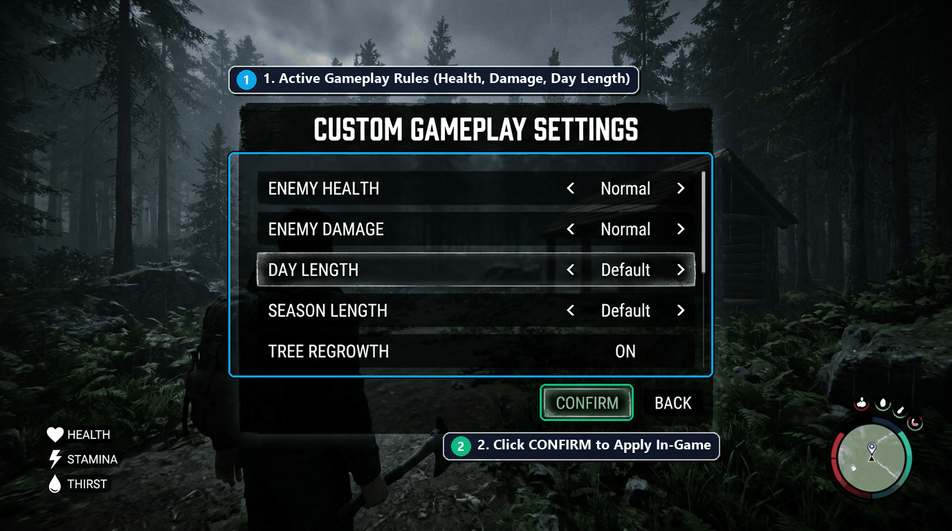 Sons of the Forest in-game custom gameplay settings verification screen with annotated options and confirm button