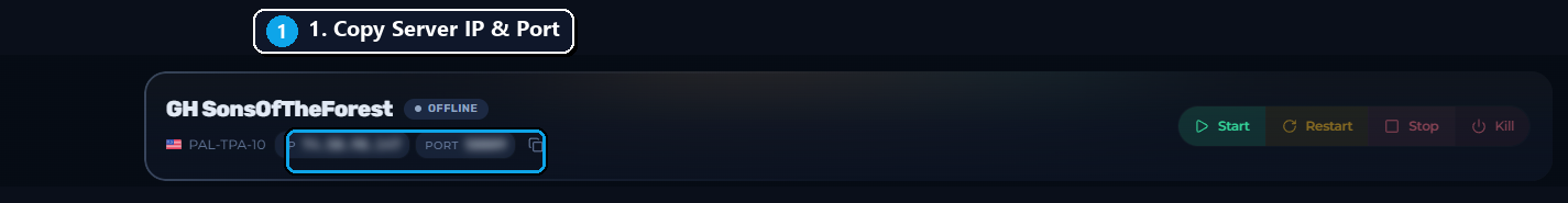 The IP and port at the top of the Gravel Host server page with the copy button highlighted
