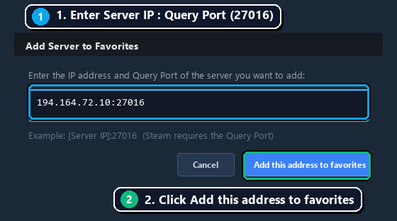Steam Game Servers Favorites Add dialog showing Query Port 27016